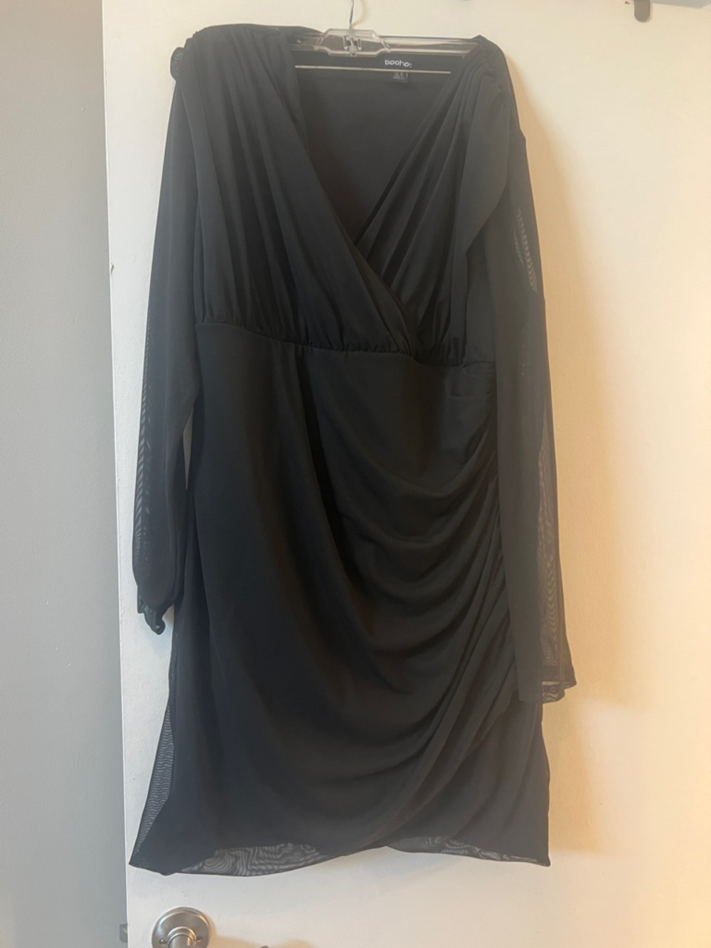 Boohoo Black Long Sleeve Wrap-Style Draped Dress